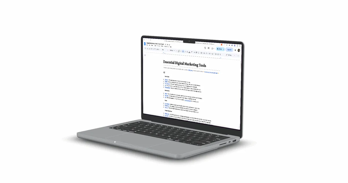 Mock-up of a MacBook Pro with a Google Dock on screen, containing 80+ digital marketing, content creation and AI tools.